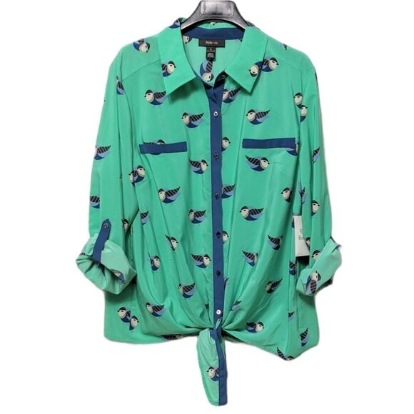 NWT STYLE & CO Green Bird Tie Front Top XL - Picture 1 of 5
